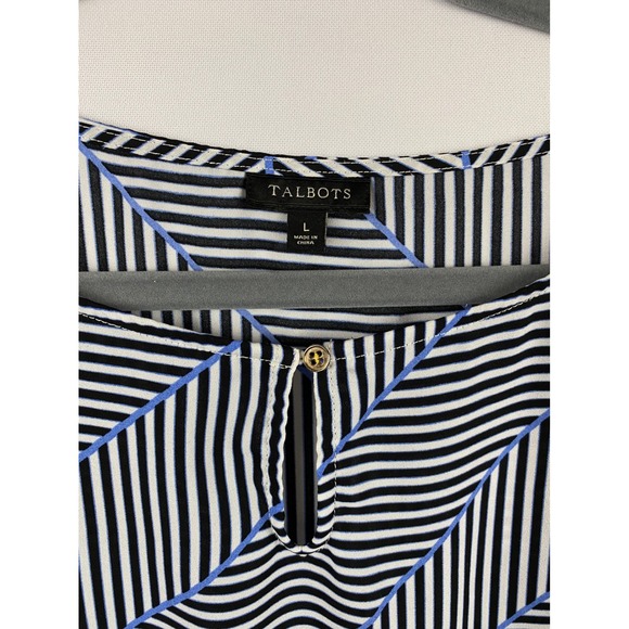 Talbots Striped Blouse Women's Large Black White Blue Tie Sleeve Work Top - Picture 2 of 7